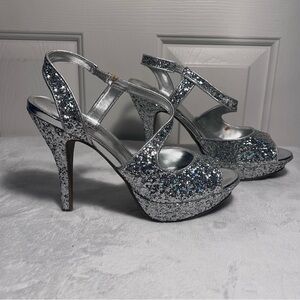 Women’s Silver Glittery Platform Heels, Size 8
